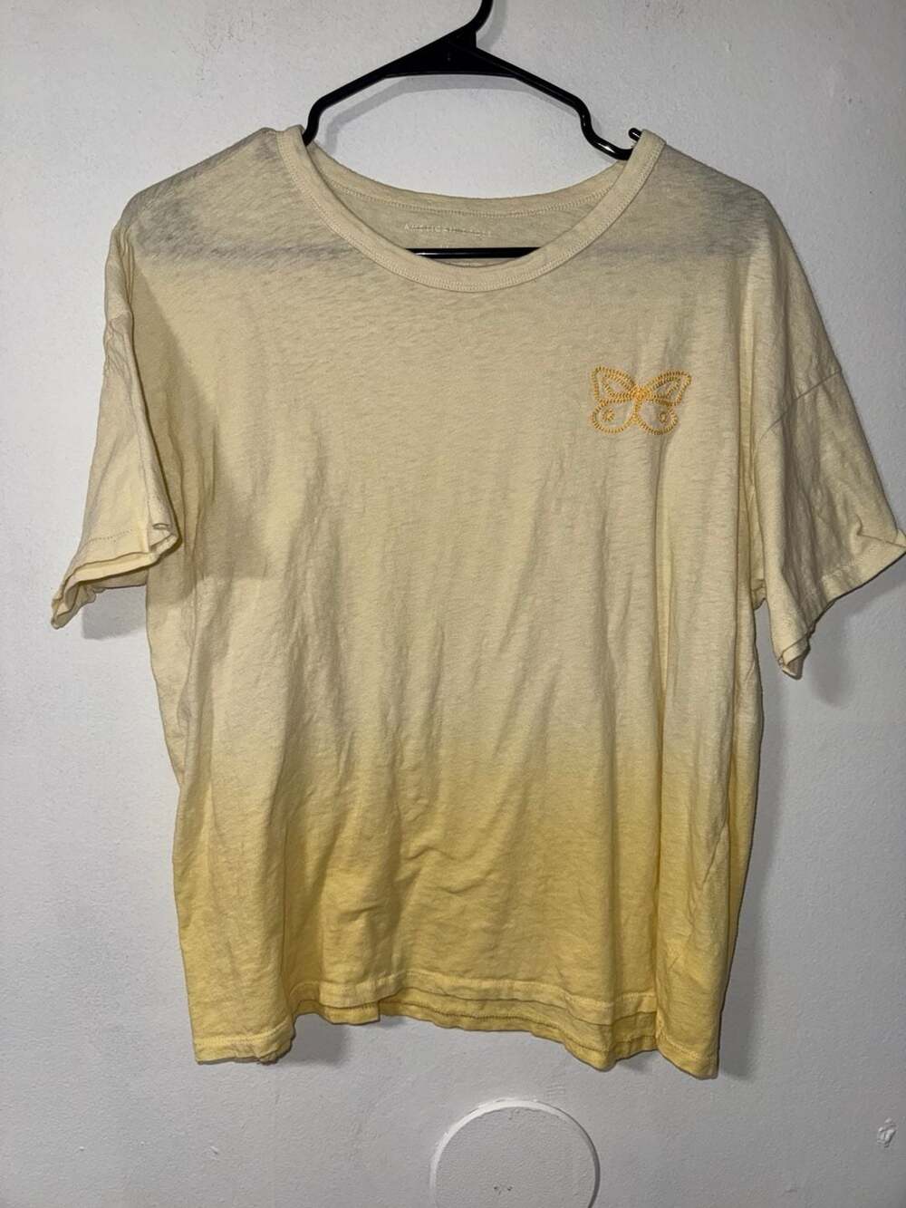 American Eagle Yellow Oversized Dip-Dye True Tee with Butterfly Embroidery